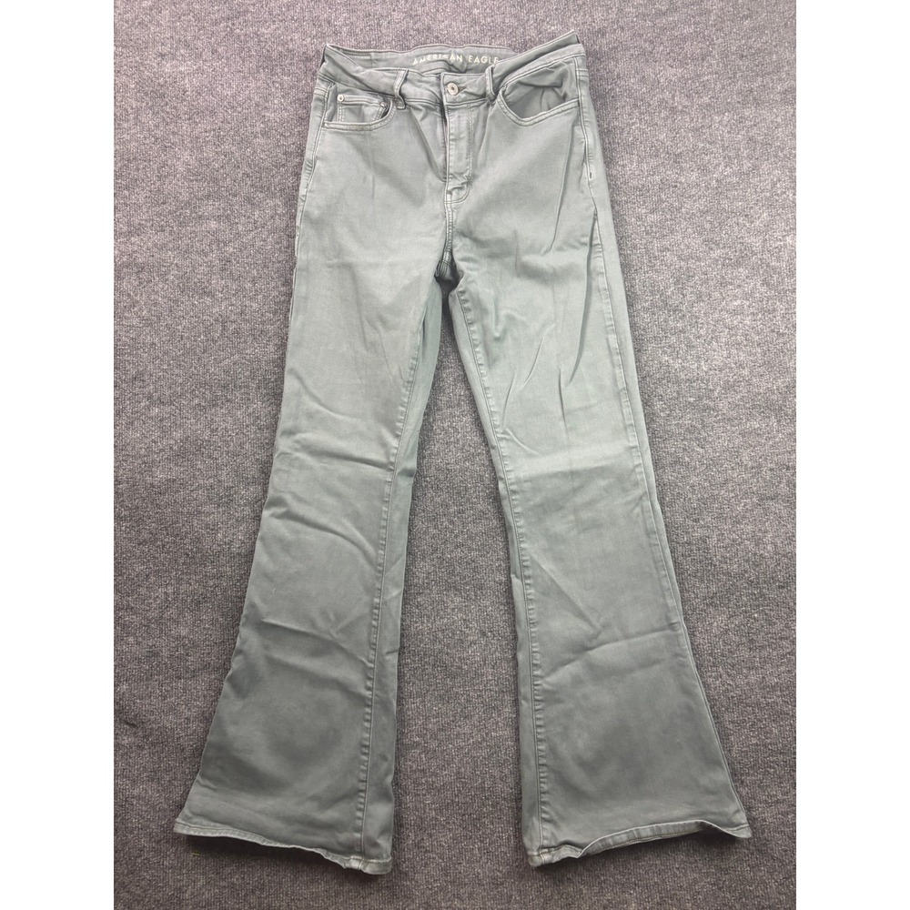 American Eagle Flare Jeans Women 8 Sage Green High Rise Stretch Denim